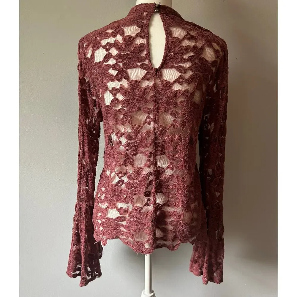 Akemi + Kin Anthropologie Blush Mauve Lacey Bell Sleeve Sheer Blouse Size 12